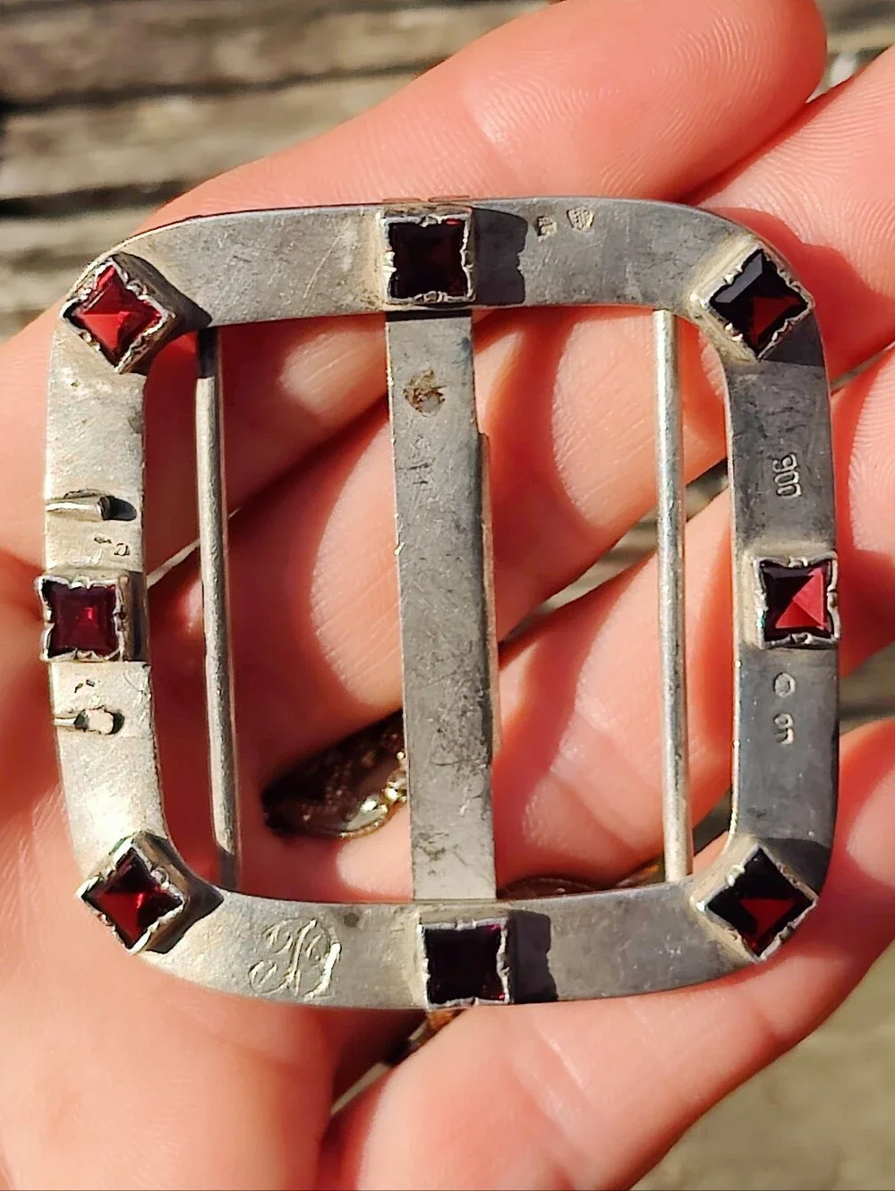 Antique Edwardian 900 Silver B Etched Garnet Belt Buckle